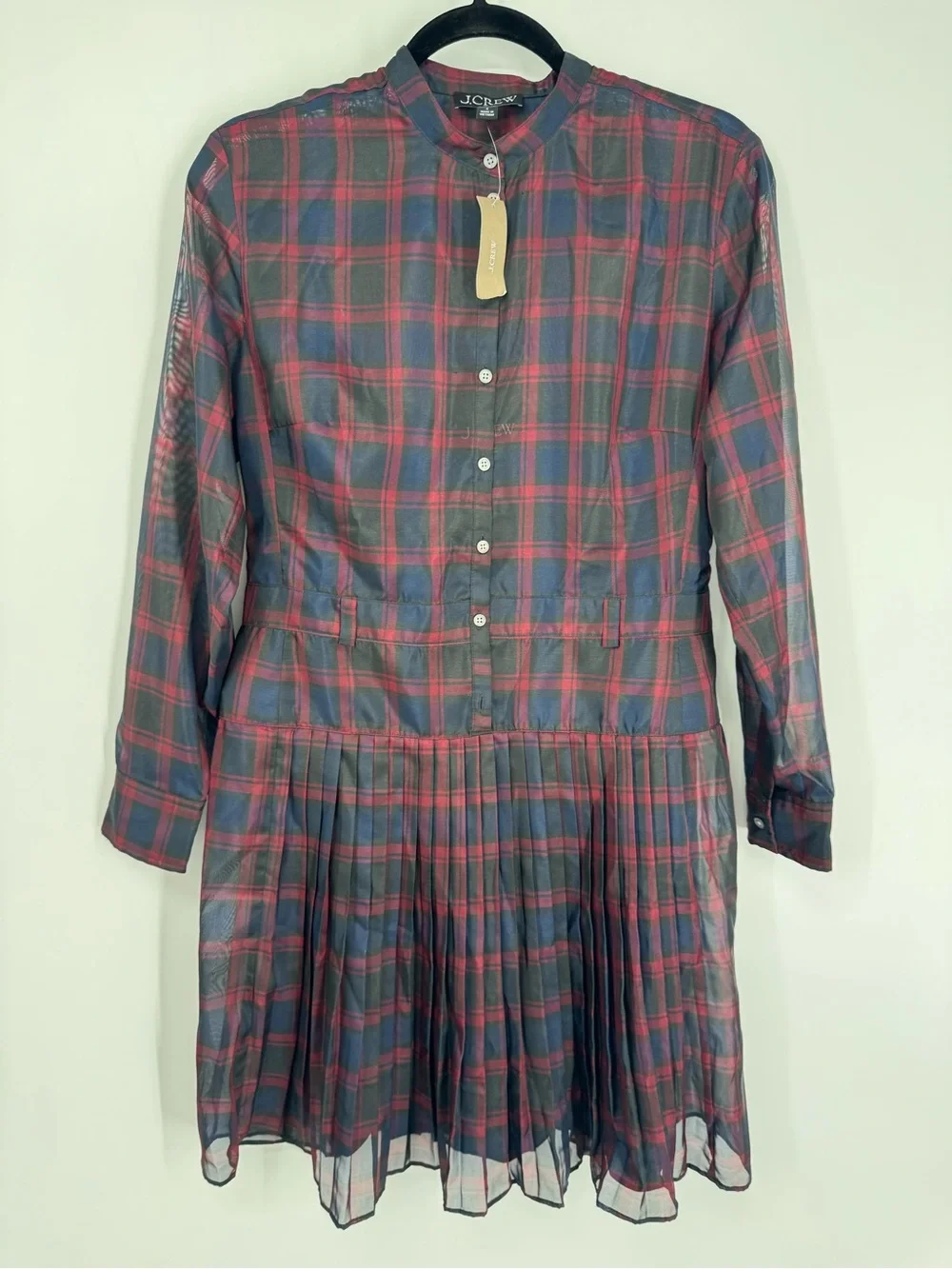 NWT J. Crew Pleated Shirt Dress Navy Red Multi Stewart Tartan Print Pleated Sz 4